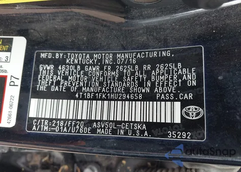 2017 Toyota Camry Se z USA, uszkodzony, nr VIN 4T1BF1FK1HU294658